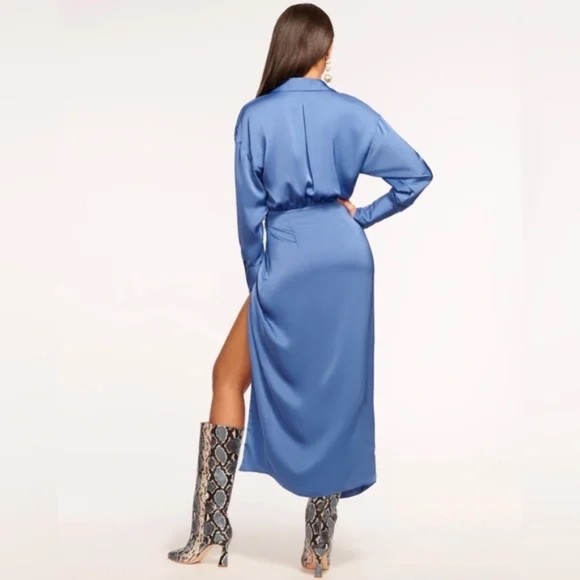 Wedding Guest Dress by Ramy Brook Aurora True Blue Satin Wrap Midi Dress Size 8 - Picture 4 of 6